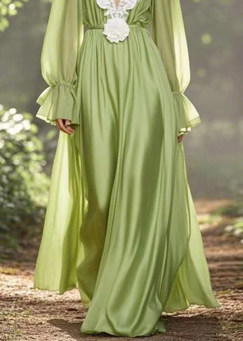Simple Green V Neck High Waist Chiffon Ankle Dress Spring - Image 4