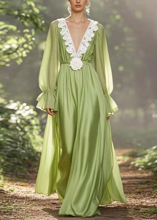Simple Green V Neck High Waist Chiffon Ankle Dress Spring - Image 5