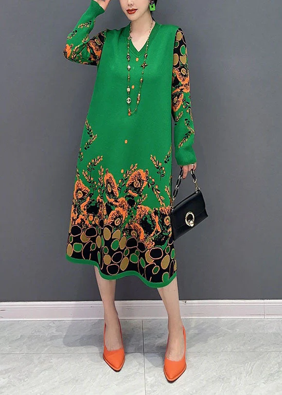 Simple Green V Neck Print Knit A Line Dress Spring - Image 2