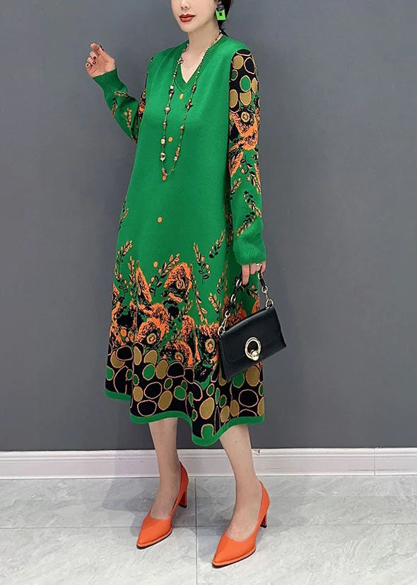Simple Green V Neck Print Knit A Line Dress Spring - Image 3