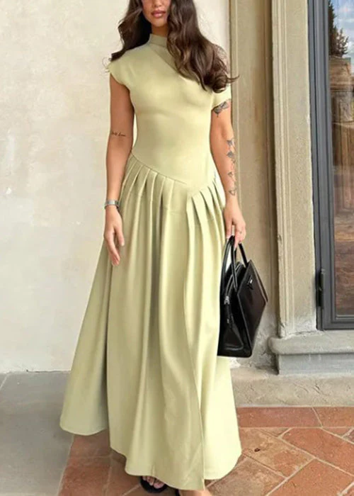 Simple Green Wrinkled Side Open Solid Cotton Long Dress Summer - Image 3