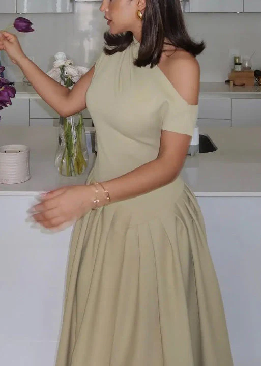 Simple Green Wrinkled Side Open Solid Cotton Long Dress Summer - Image 4
