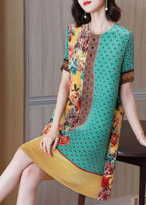Simple Green Yellow O-Neck Wrinkled Print Silk Holiday Dress Short Sleeve - Image 3