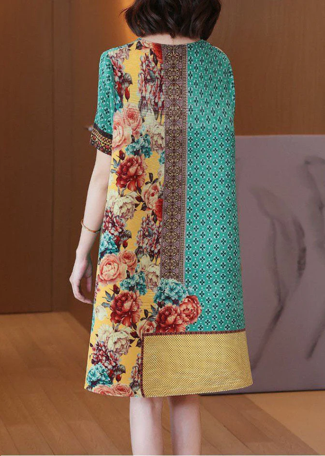 Simple Green Yellow O-Neck Wrinkled Print Silk Holiday Dress Short Sleeve - Image 4