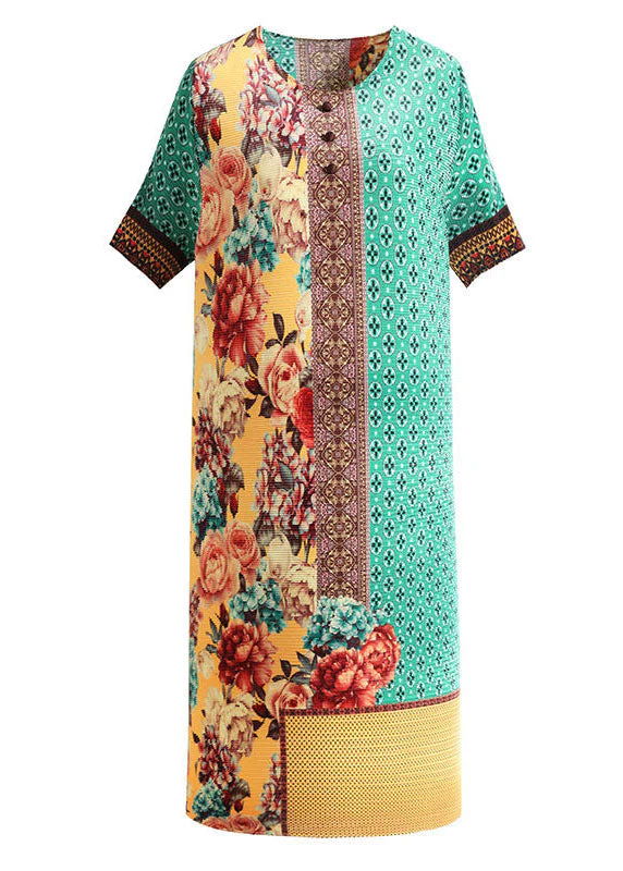 Simple Green Yellow O-Neck Wrinkled Print Silk Holiday Dress Short Sleeve - Image 5