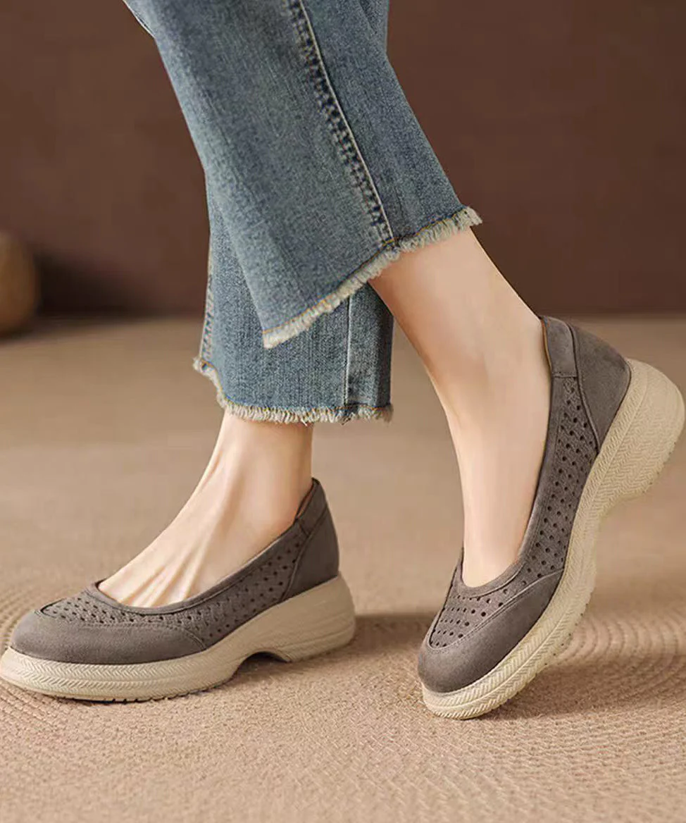 Simple Grey Faux Leather Flats Hollow Out Flat Shoes - Image 2