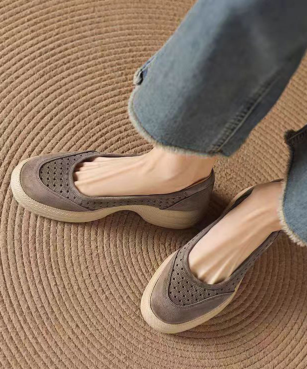 Simple Grey Faux Leather Flats Hollow Out Flat Shoes - Image 3