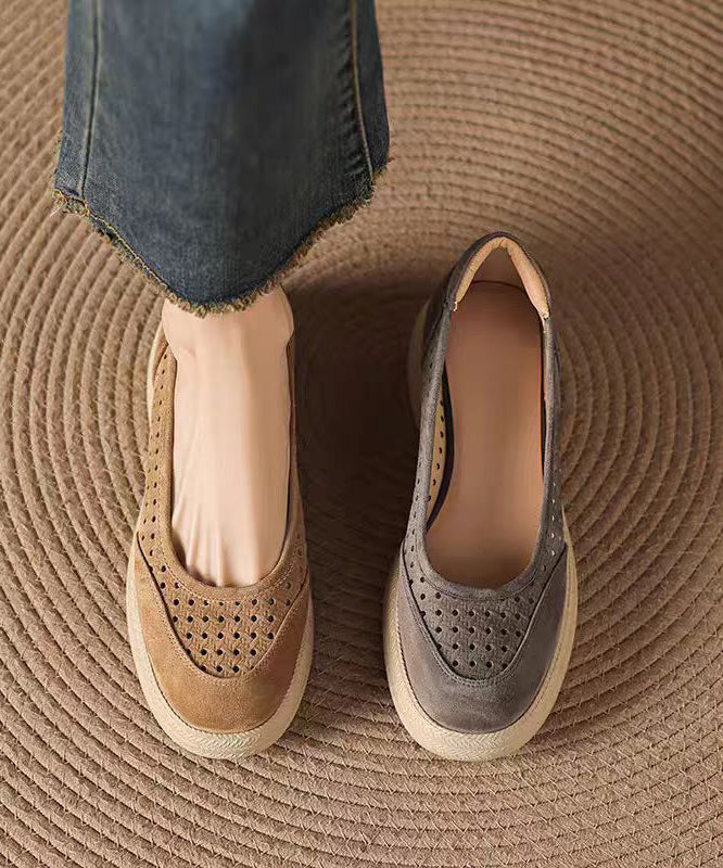 Simple Grey Faux Leather Flats Hollow Out Flat Shoes - Image 5