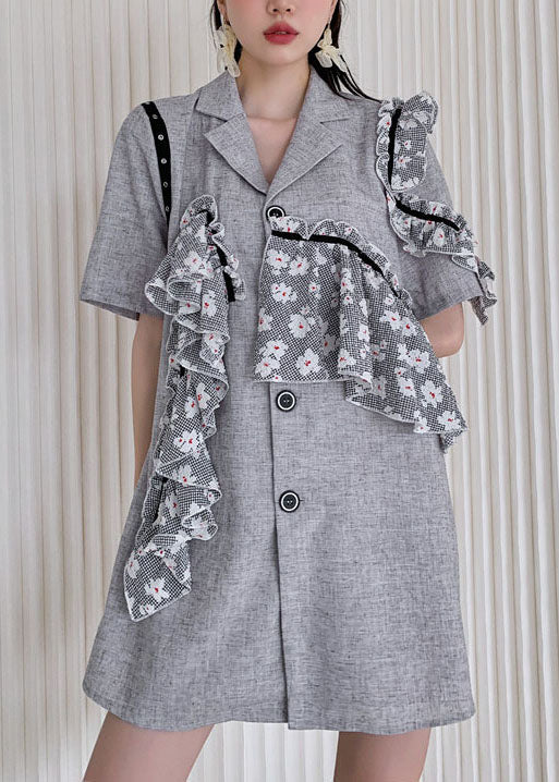 Simple Grey Notched Ruffled Patchwork Cotton Day Dress Summer - Image 2