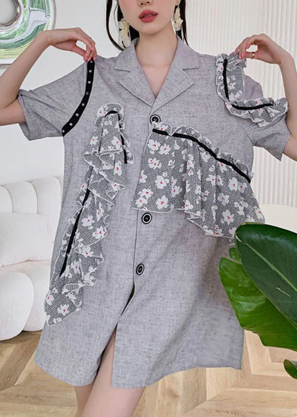 Simple Grey Notched Ruffled Patchwork Cotton Day Dress Summer - Image 3