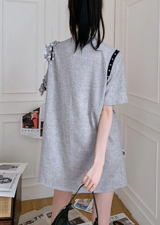 Simple Grey Notched Ruffled Patchwork Cotton Day Dress Summer - Image 5