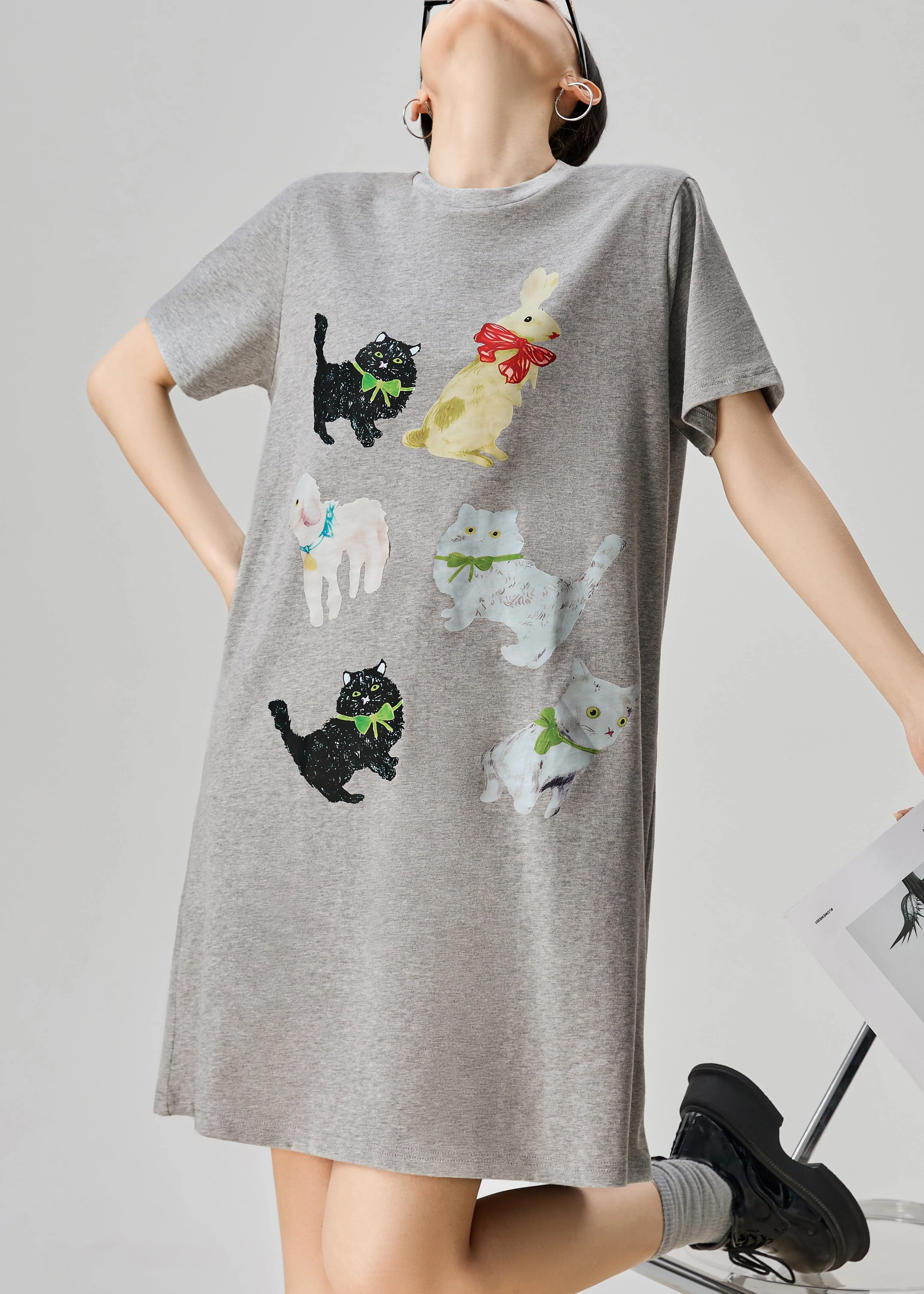 Simple Grey O Neck Print Cotton T Shirt Dress Summer