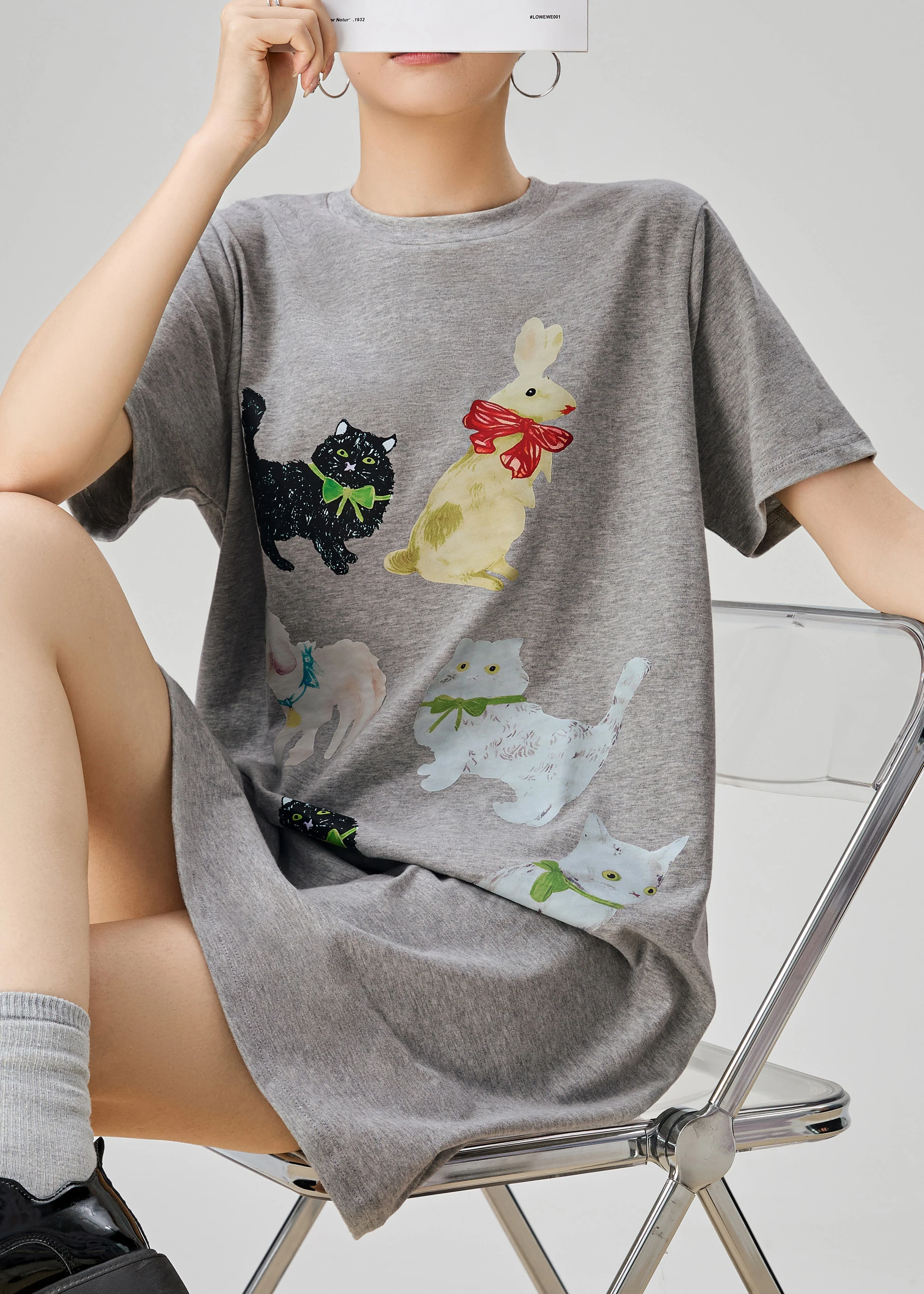 Simple Grey O Neck Print Cotton T Shirt Dress Summer - Image 2