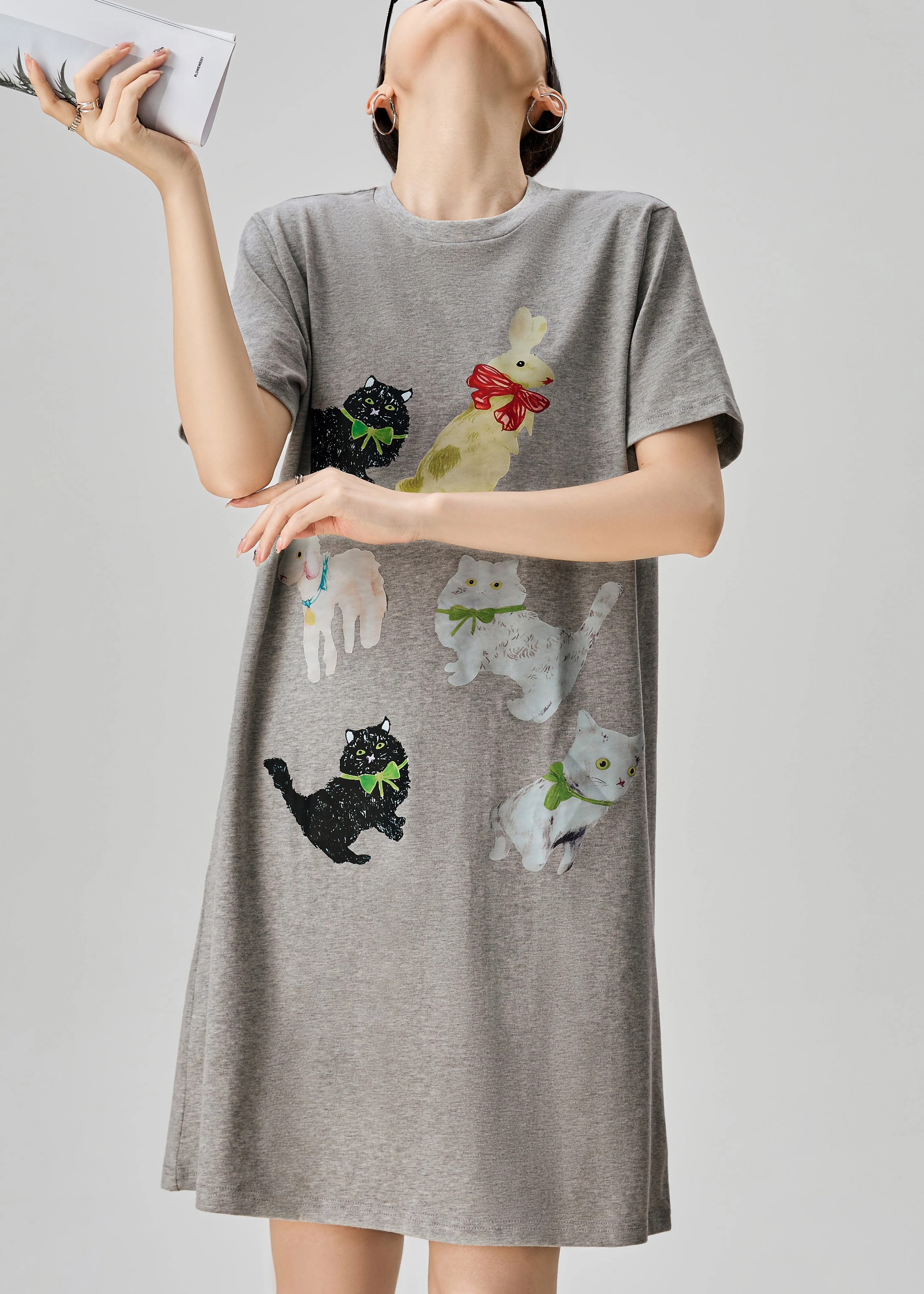Simple Grey O Neck Print Cotton T Shirt Dress Summer - Image 3