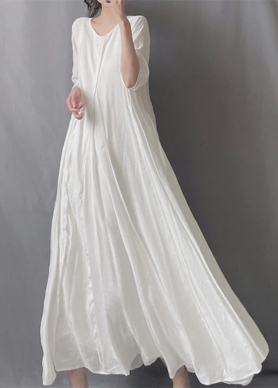 Simple Grey O Neck Wrinkled Patchwork Cotton Long Dresses Fall - Image 2