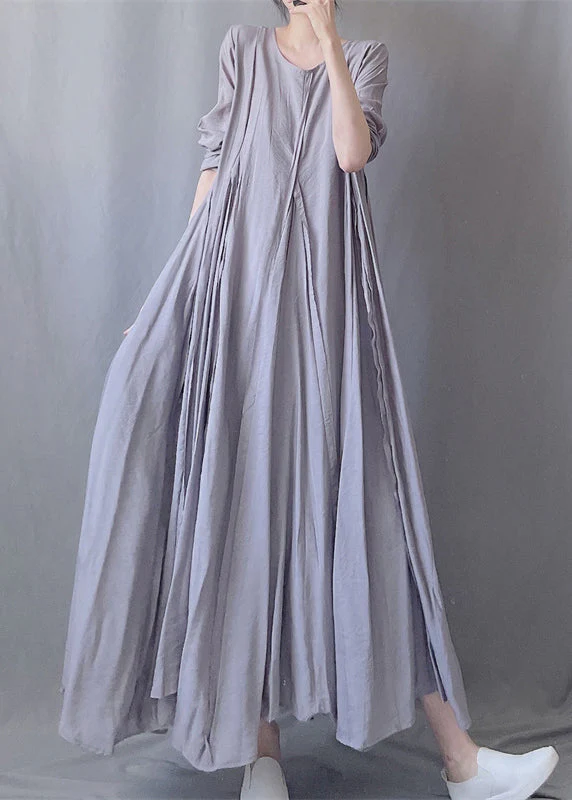 Simple Grey O Neck Wrinkled Patchwork Cotton Long Dresses Fall - Image 3