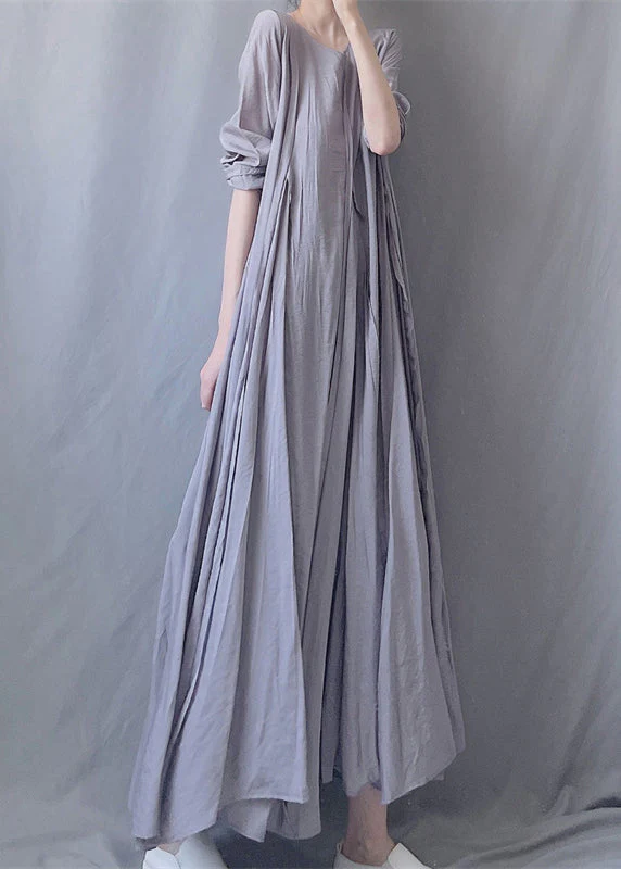Simple Grey O Neck Wrinkled Patchwork Cotton Long Dresses Fall - Image 4