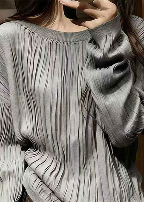 Simple Grey O Neck Wrinkled Solid Cotton T Shirts Spring - Image 3