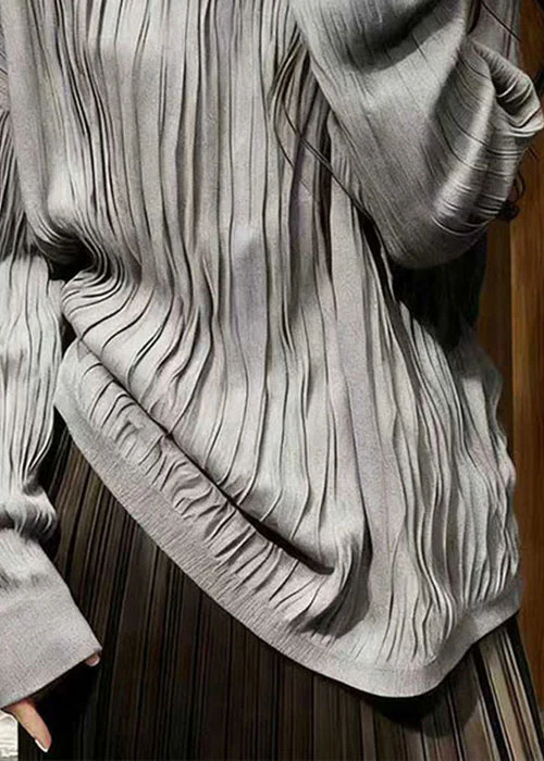 Simple Grey O Neck Wrinkled Solid Cotton T Shirts Spring - Image 4
