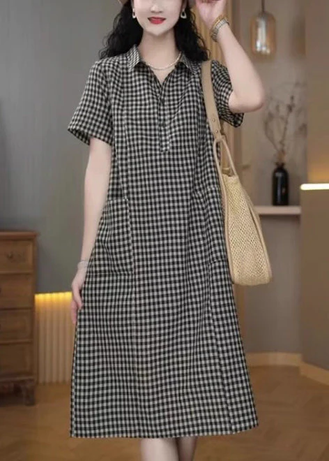 Simple Grey Peter Pan Collar Plaid Linen Mid Dress Summer - Image 2