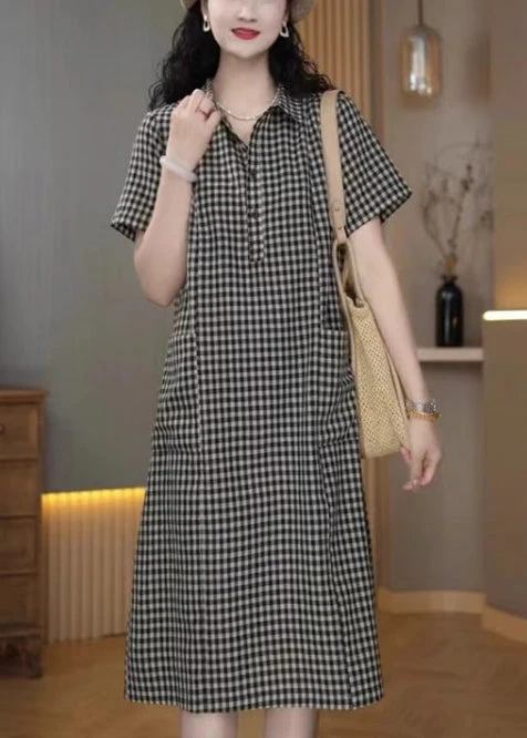 Simple Grey Peter Pan Collar Plaid Linen Mid Dress Summer - Image 3