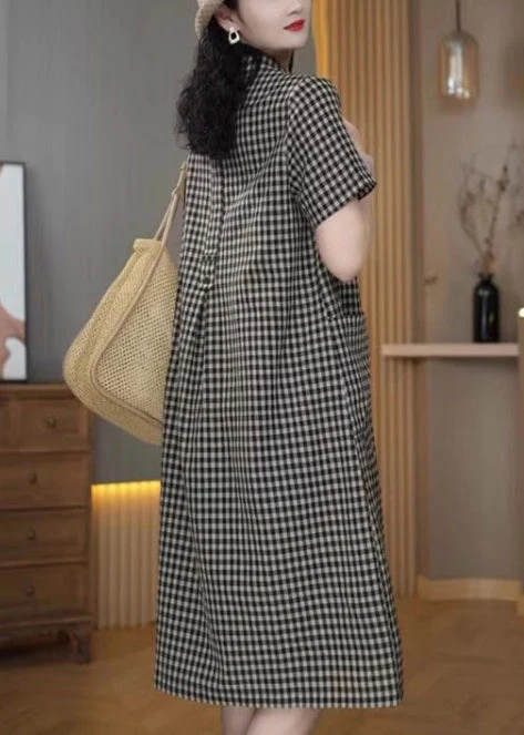 Simple Grey Peter Pan Collar Plaid Linen Mid Dress Summer - Image 4