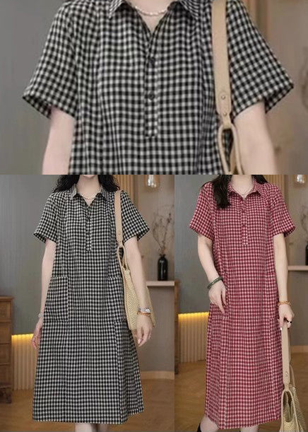 Simple Grey Peter Pan Collar Plaid Linen Mid Dress Summer - Image 5