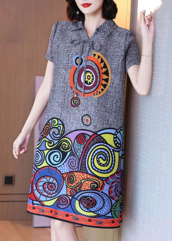 Simple Grey Print Peter Pan Collar Mandarin Collar tie Summer Dress - Image 2