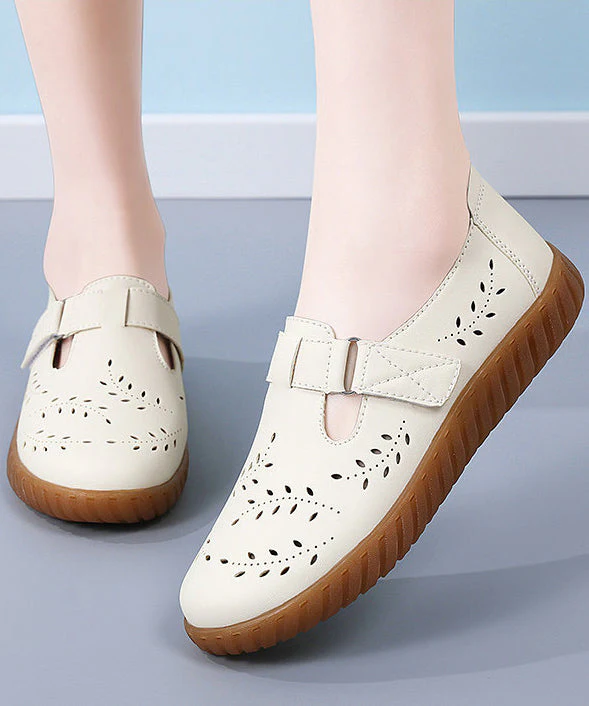 Simple Hollow Out Flat Feet Shoes White Cowhide Leather - Image 3