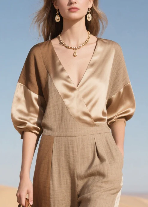 Simple Khaki Asymmetrical Patchwork Linen Silk Jumpsuit Summer - Image 2