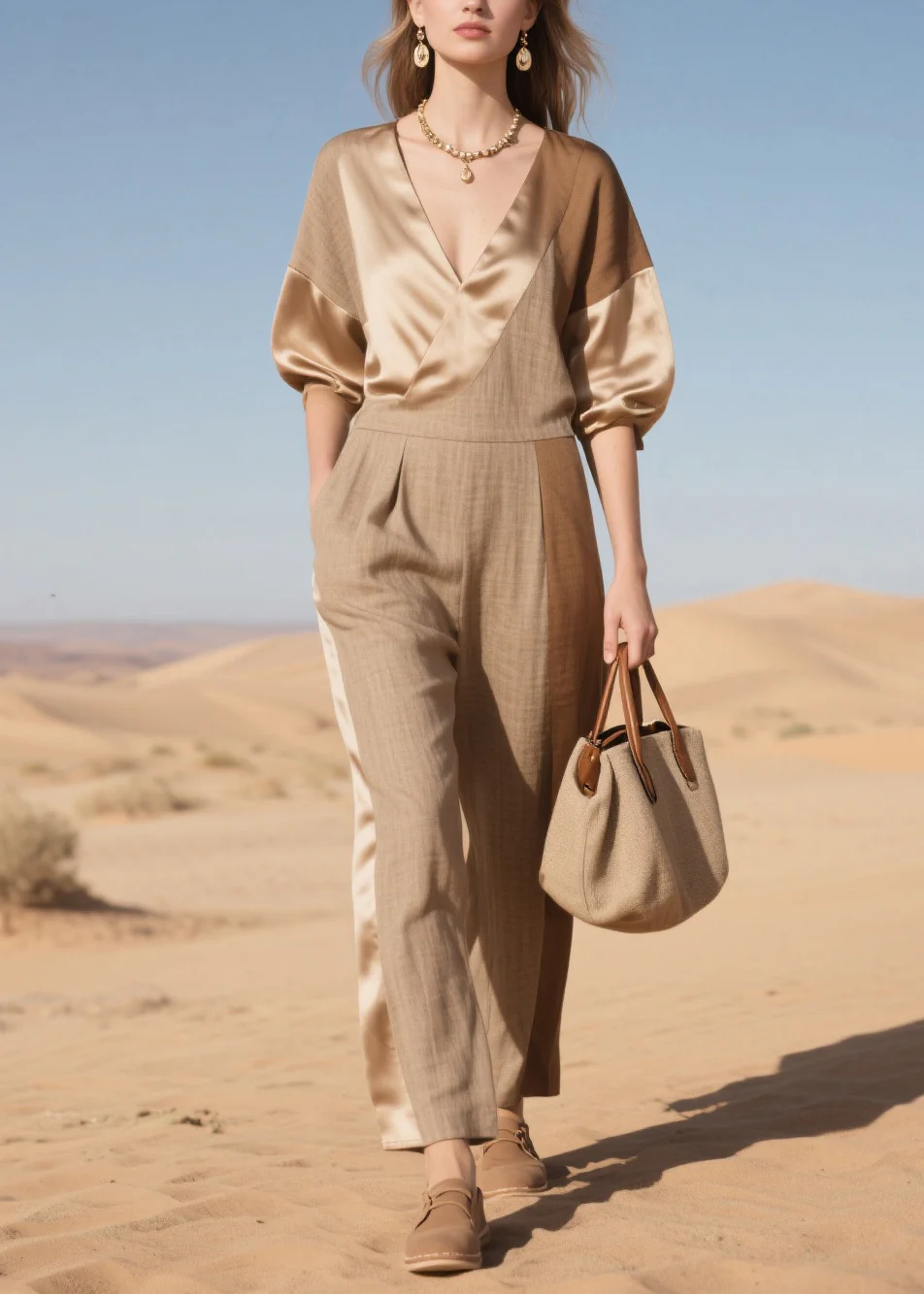 Simple Khaki Asymmetrical Patchwork Linen Silk Jumpsuit Summer - Image 3