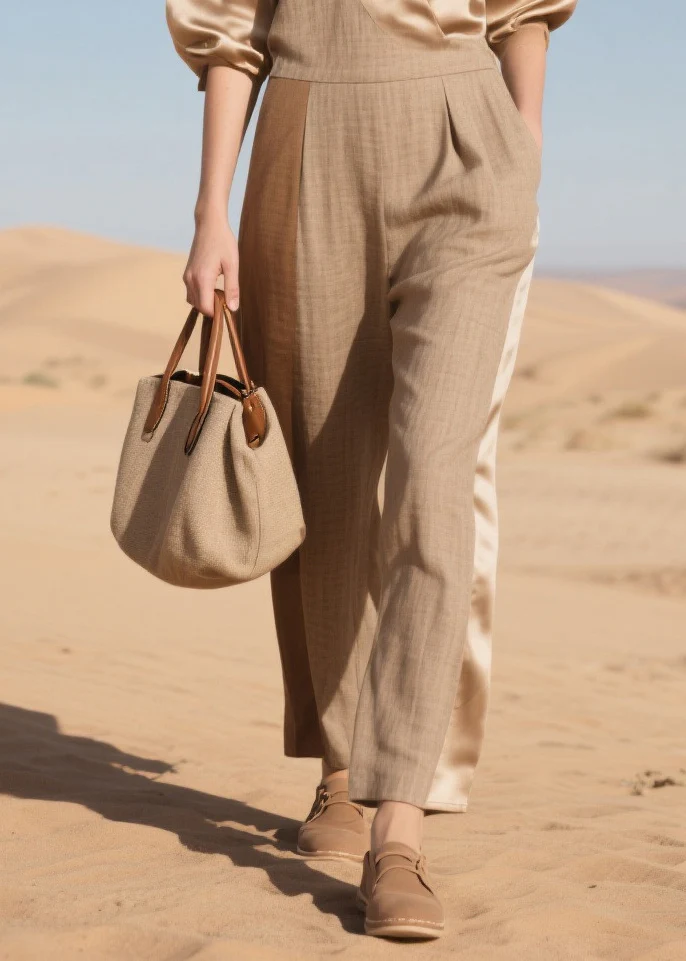 Simple Khaki Asymmetrical Patchwork Linen Silk Jumpsuit Summer - Image 4