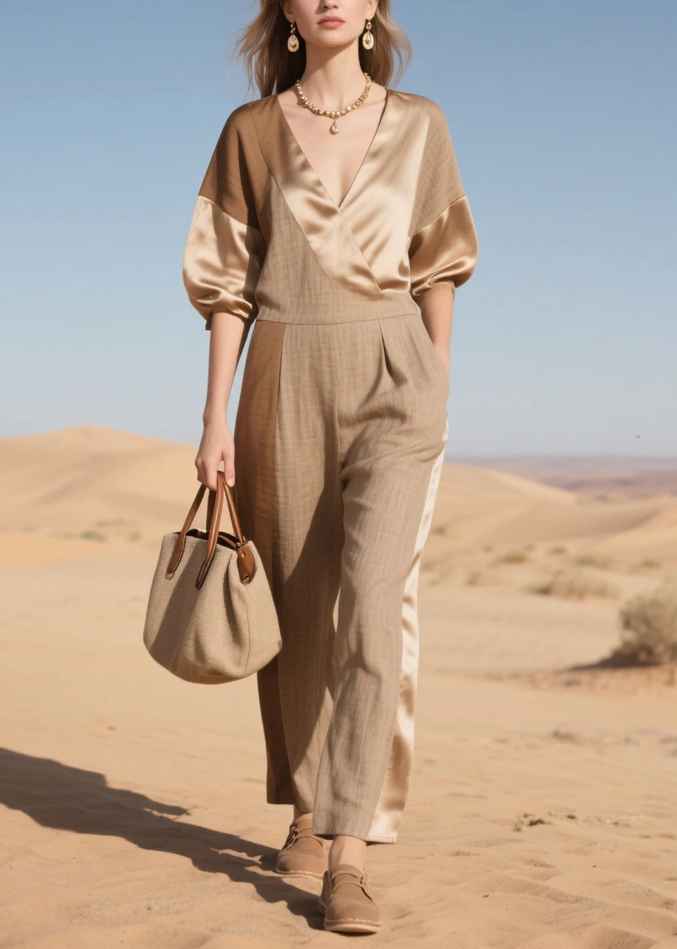 Simple Khaki Asymmetrical Patchwork Linen Silk Jumpsuit Summer - Image 5