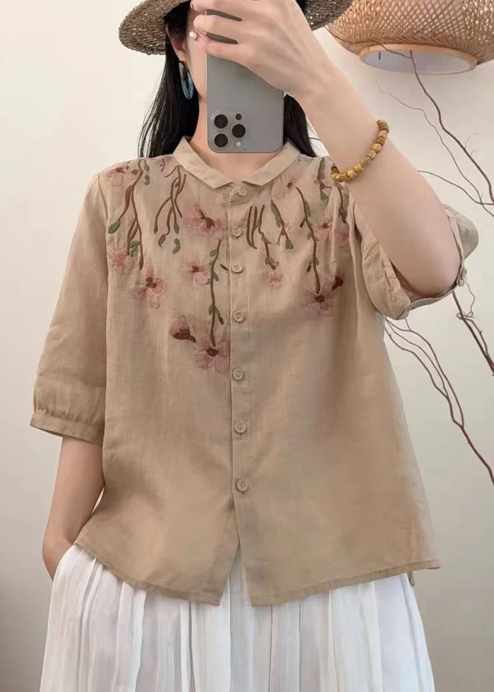 Simple Khaki Embroidered Linen Shirt Summer