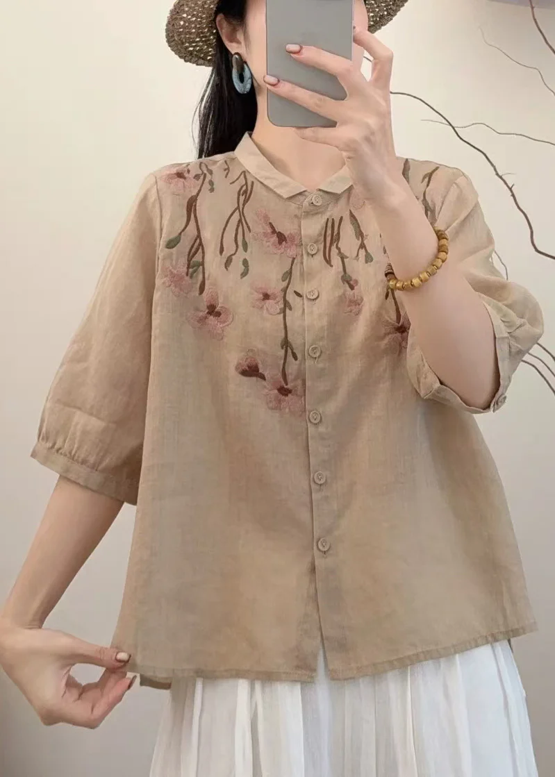 Simple Khaki Embroidered Linen Shirt Summer - Image 2