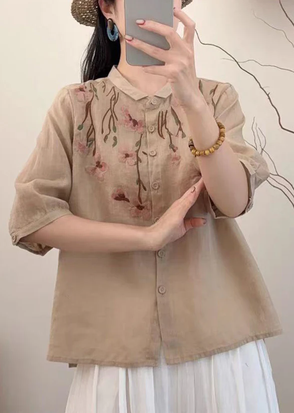 Simple Khaki Embroidered Linen Shirt Summer - Image 3