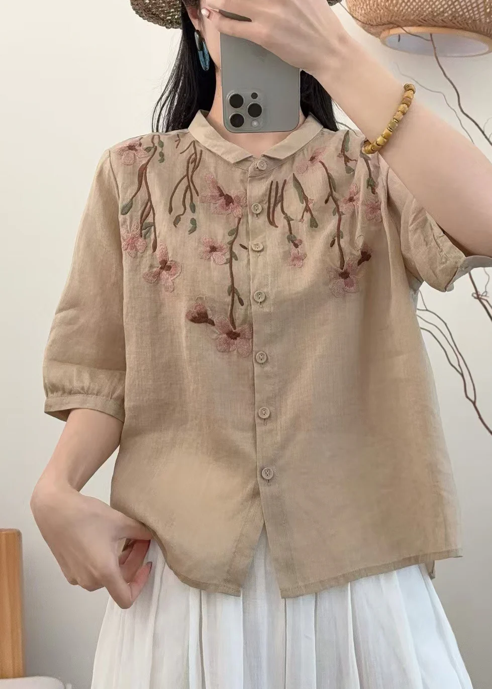 Simple Khaki Embroidered Linen Shirt Summer - Image 4