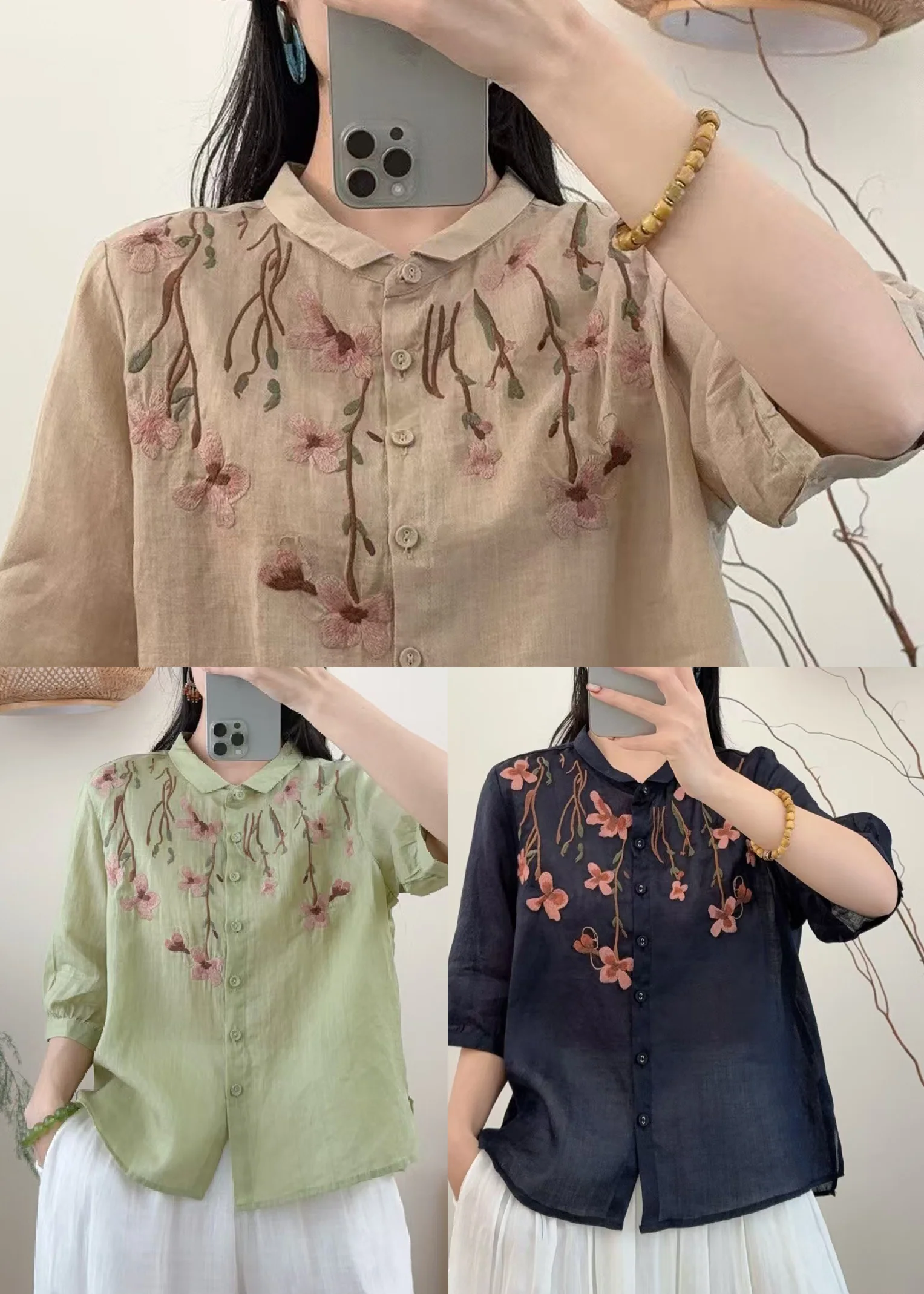 Simple Khaki Embroidered Linen Shirt Summer - Image 5