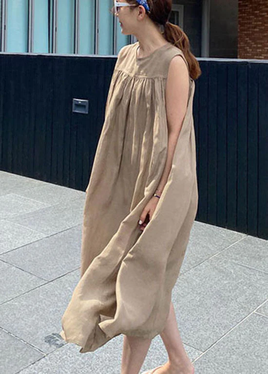 Simple Khaki O-Neck Cotton Long Dresses Sleeveless - Image 2