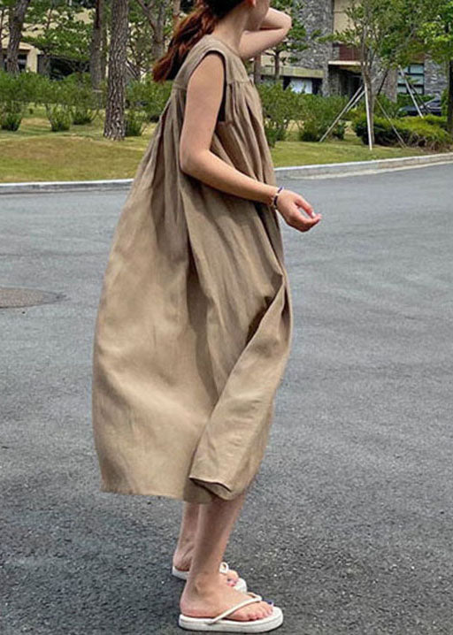 Simple Khaki O-Neck Cotton Long Dresses Sleeveless - Image 3