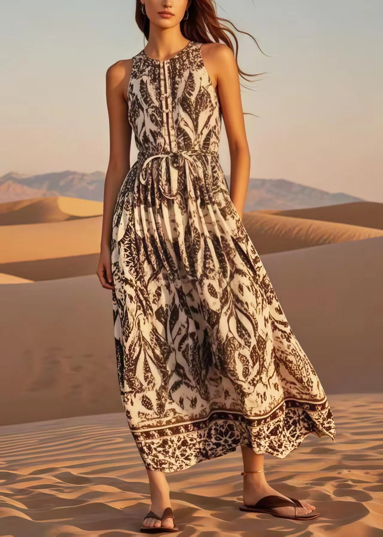 Simple Khaki Tie Waist Print Cotton Maxi Dress Sleeveless - Image 3