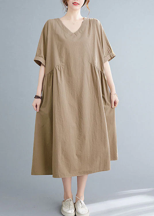 Simple Khaki V Neck Cotton Loose Vacation Dress Short Sleeve