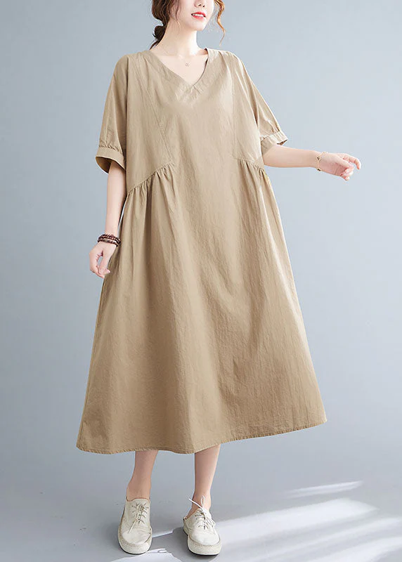 Simple Khaki V Neck Cotton Loose Vacation Dress Short Sleeve - Image 2
