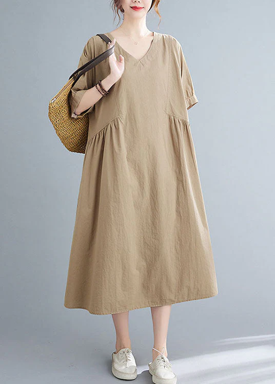 Simple Khaki V Neck Cotton Loose Vacation Dress Short Sleeve - Image 3