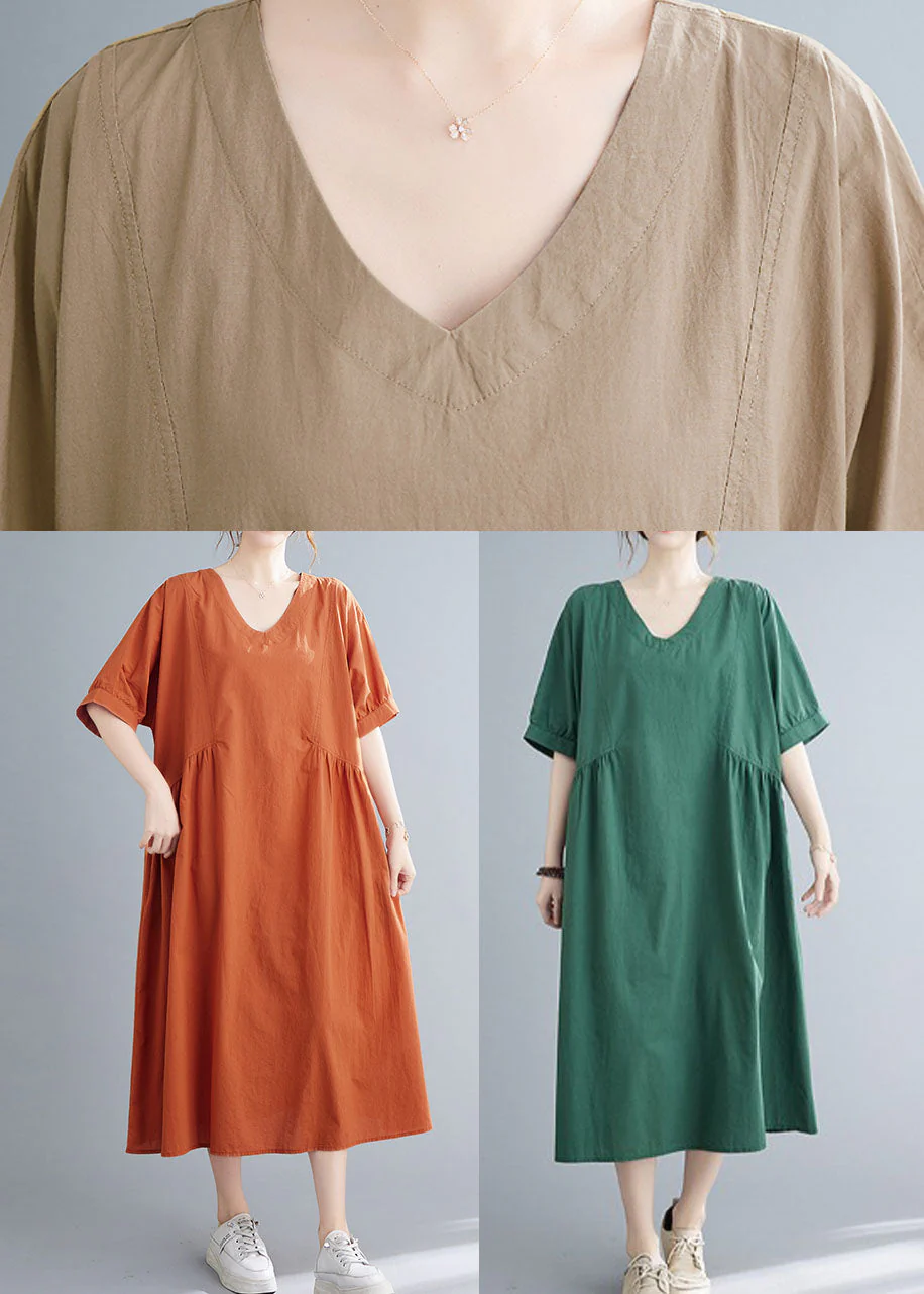 Simple Khaki V Neck Cotton Loose Vacation Dress Short Sleeve - Image 4