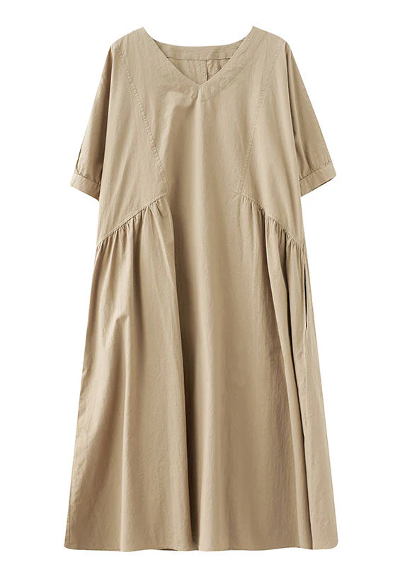 Simple Khaki V Neck Cotton Loose Vacation Dress Short Sleeve - Image 5