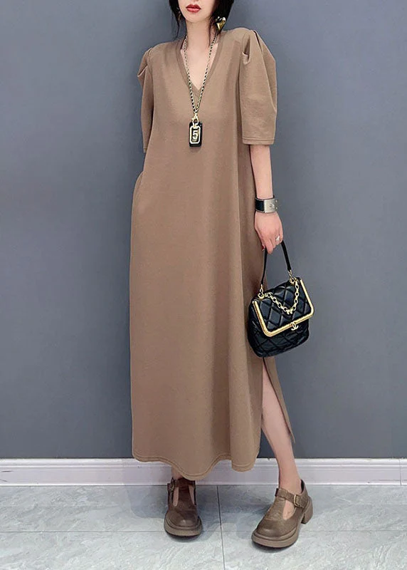 Simple Khaki V Neck Side Open Patchwork Cotton Dresses Summer - Image 2