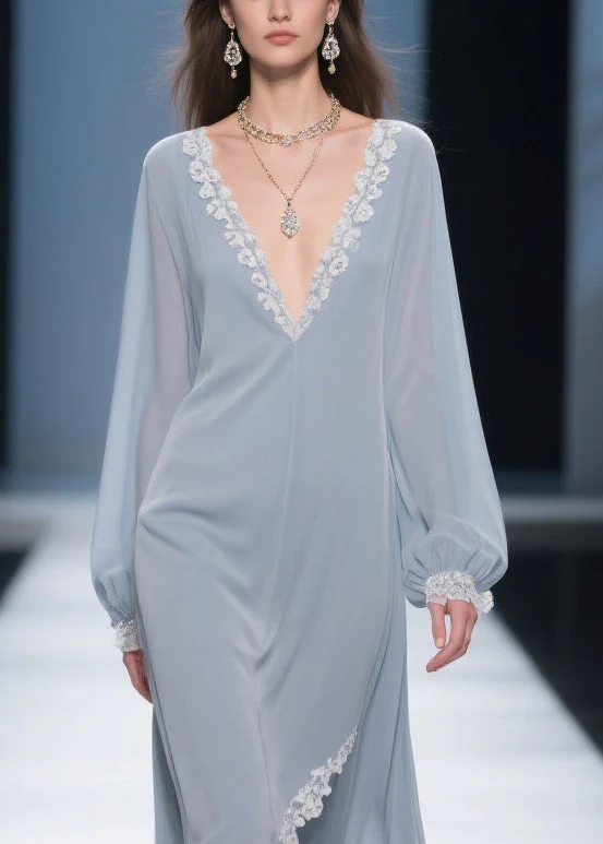 Simple Light Haze Blue Lace Side Open Chiffon Dress Lantern Sleeve - Image 2