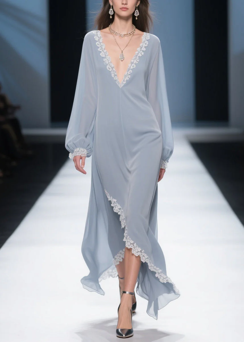 Simple Light Haze Blue Lace Side Open Chiffon Dress Lantern Sleeve - Image 3