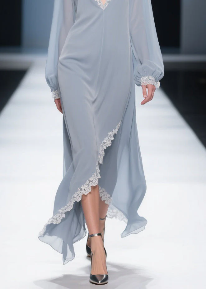 Simple Light Haze Blue Lace Side Open Chiffon Dress Lantern Sleeve - Image 4